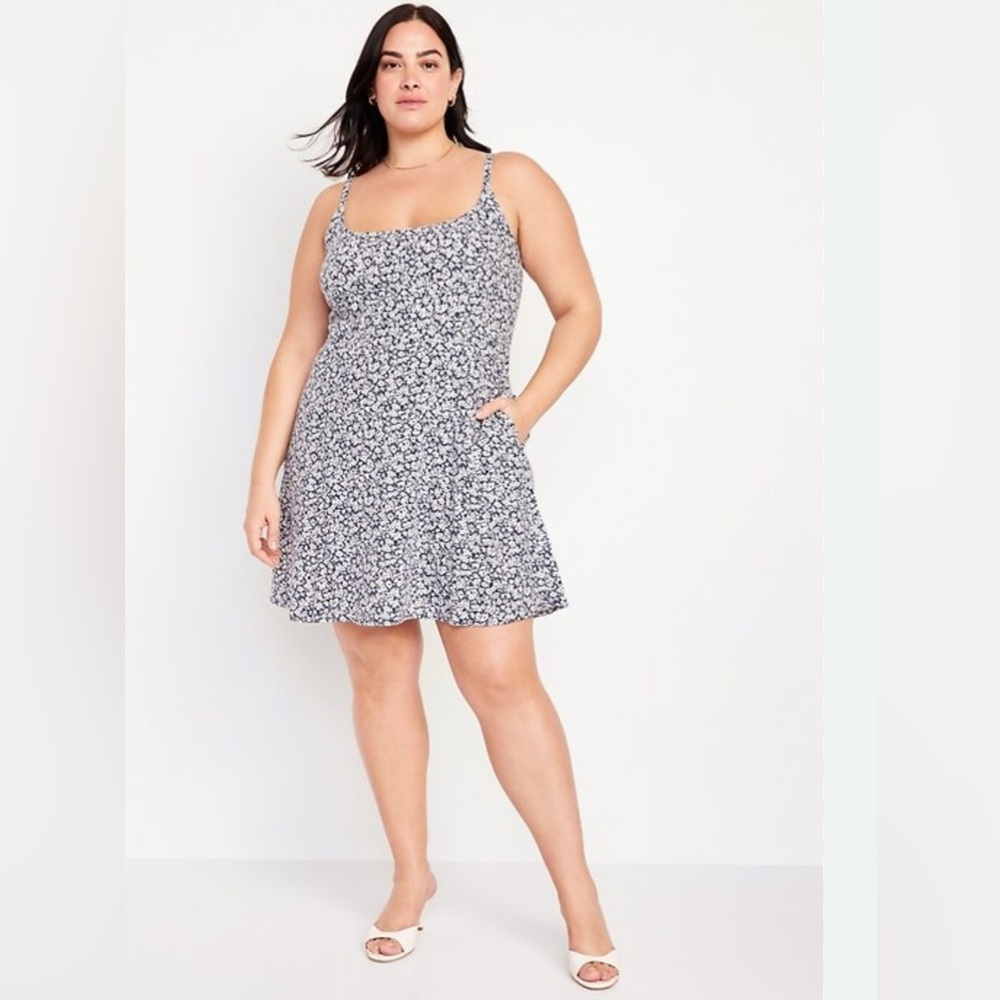 Old Navy Women's Blue White Ditsy Floral Linen Blend Fit & Flare Mini Dress